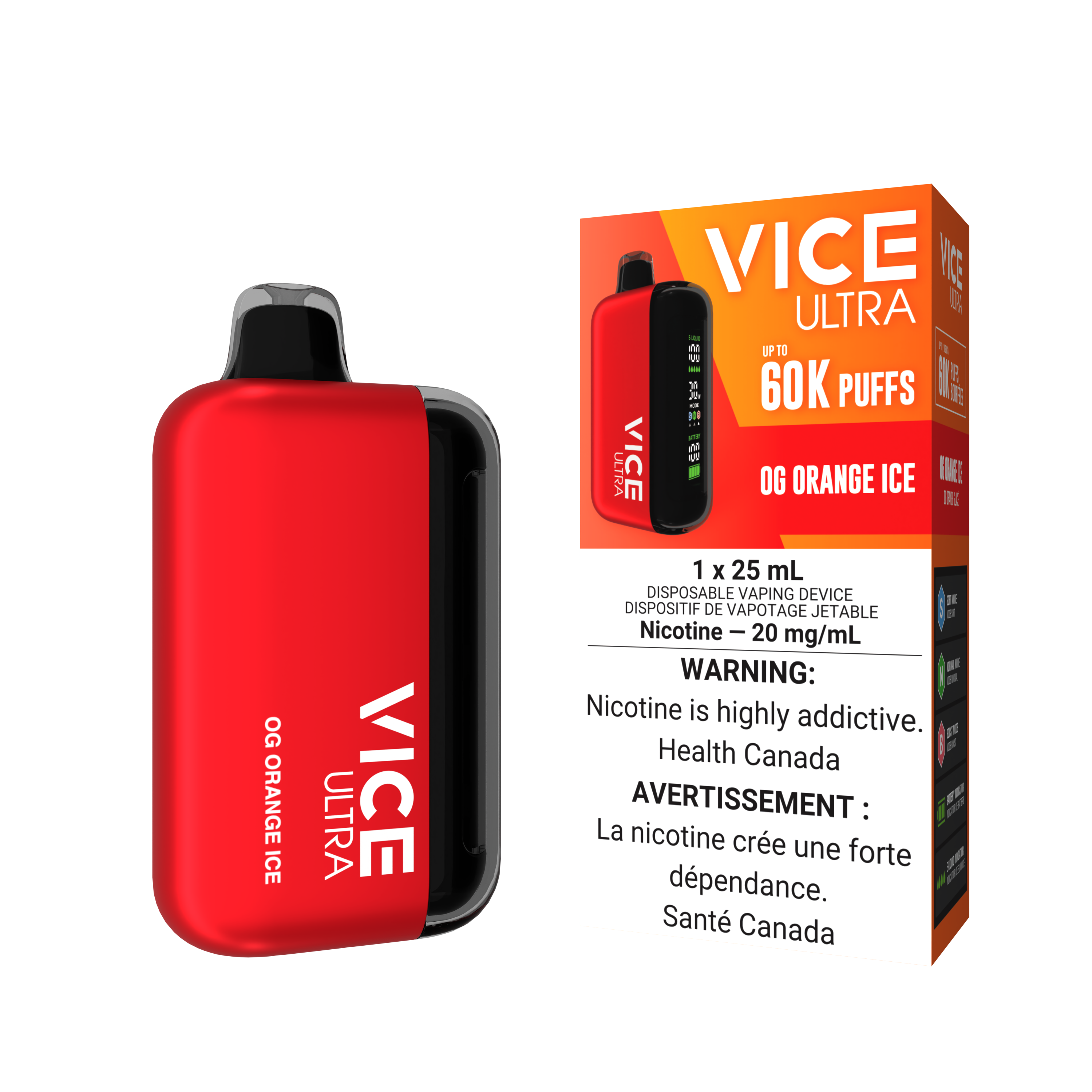 VICE ULTRA disposable vape in OG Orange Ice flavor with packaging, offering 60K puffs and refreshing sweet orange taste.