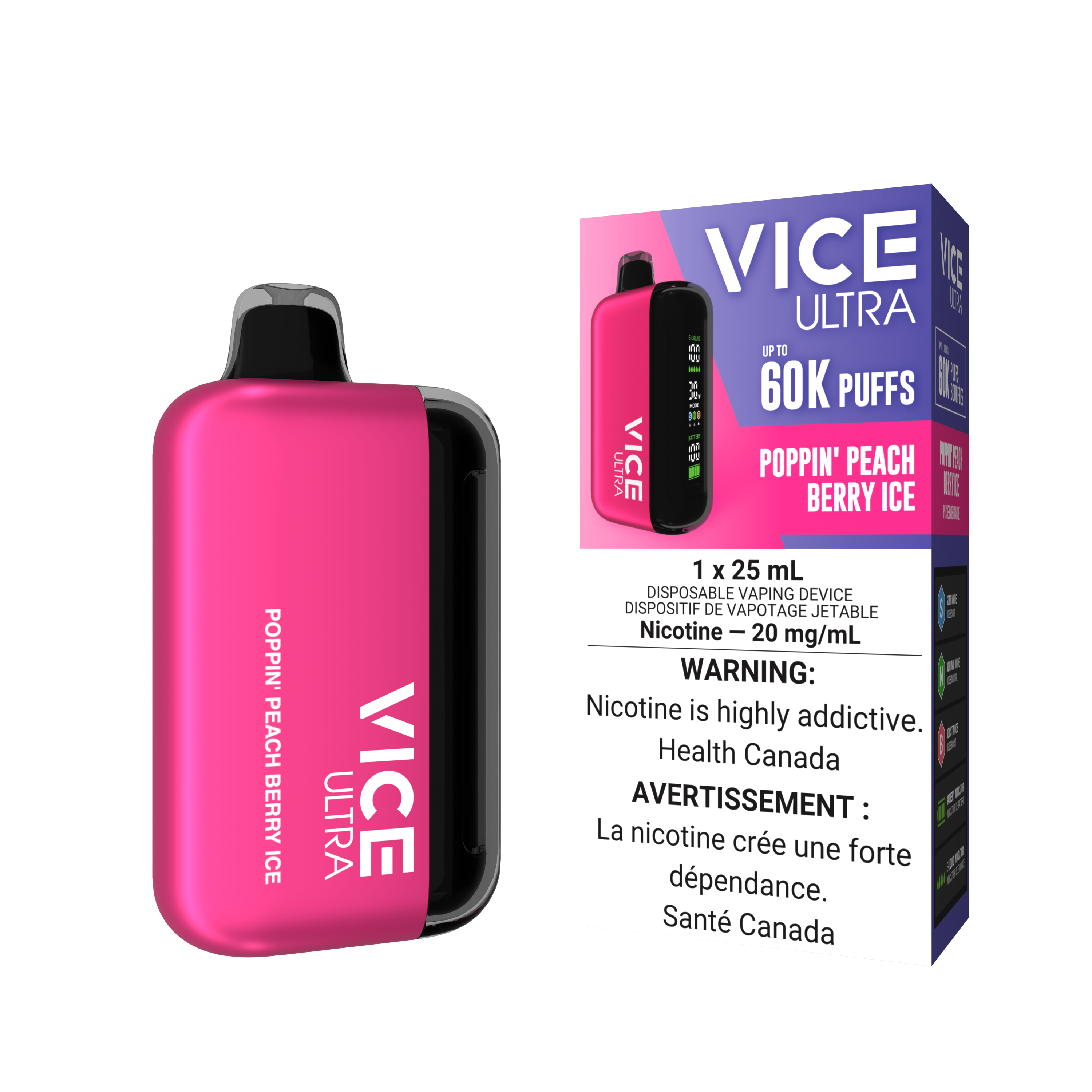 VICE ULTRA 60K Puffs disposable vape device in Poppin' Peach Berry Ice flavor, featuring vibrant pink design.