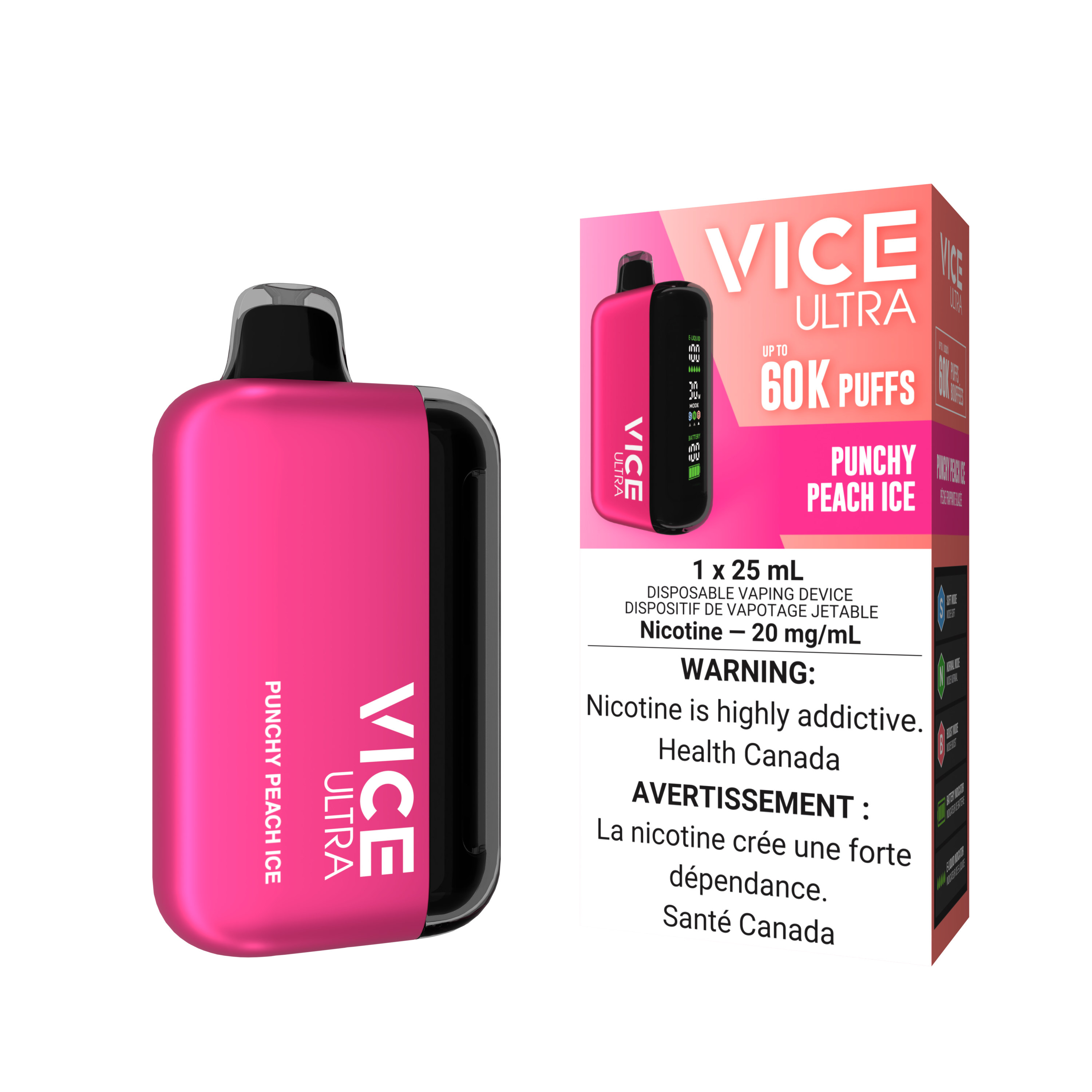 VICE ULTRA 60K PUNCHY PEACH ICE disposable vape with 25mL capacity and USB Type-C charging, featuring peach ice flavor.