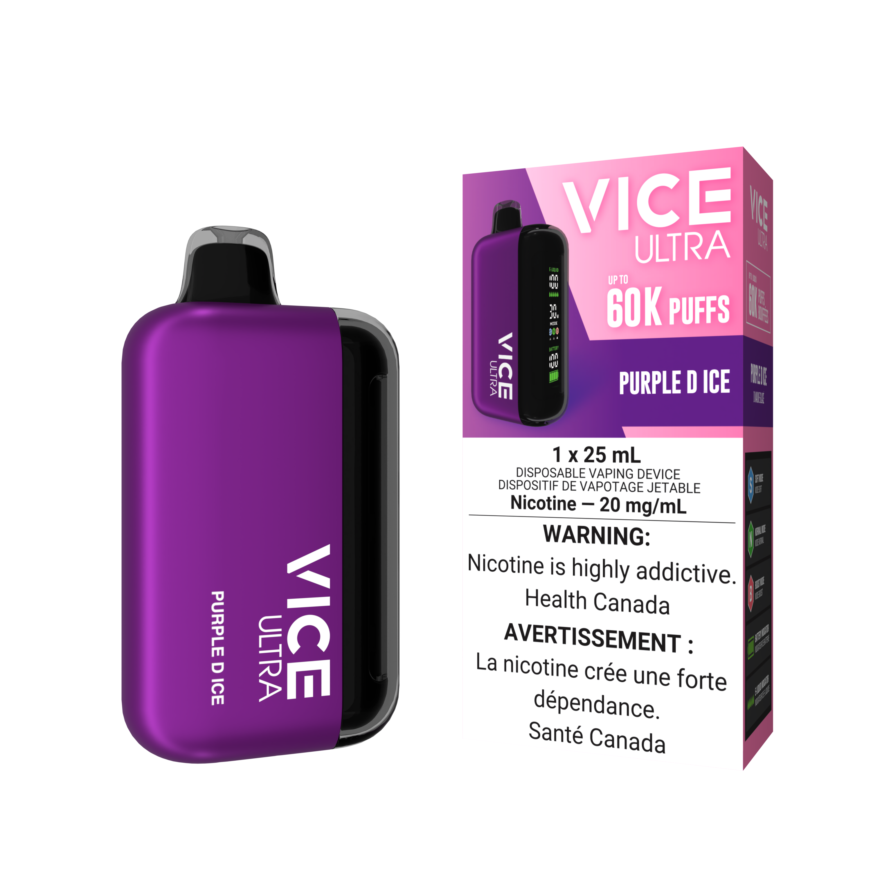 VICE ULTRA 60K Disposable Vape in Purple D Ice flavor, with sleek design and bold branding. Contains 20mg/mL nicotine.