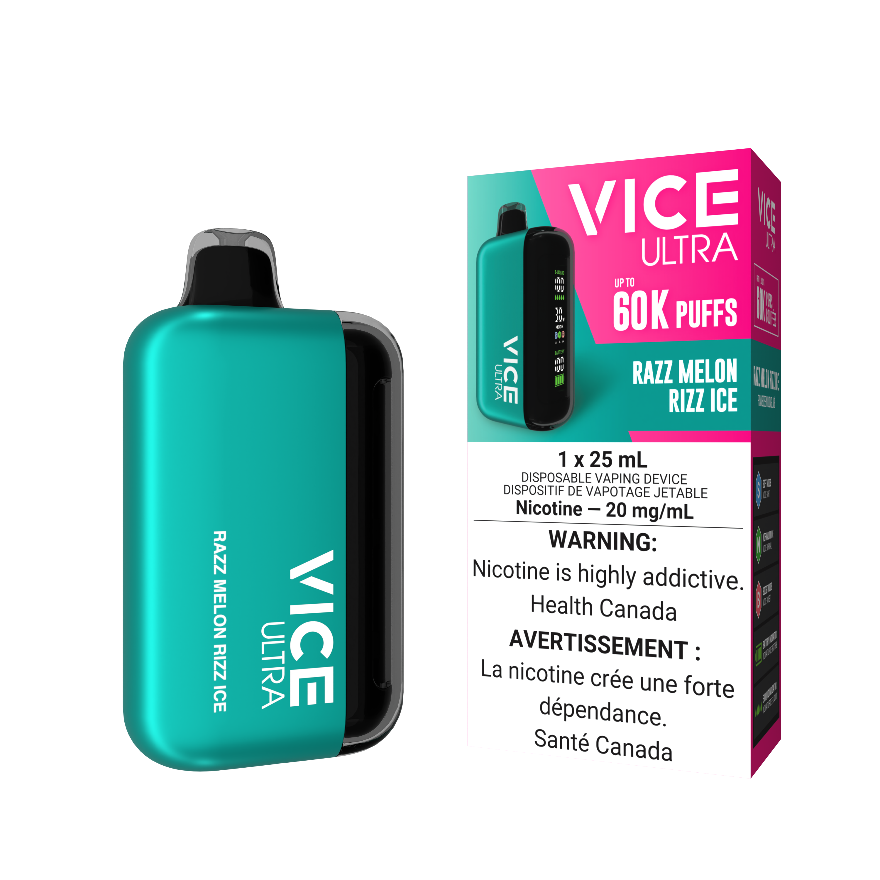 VICE ULTRA 60K disposable vape in Razz Melon Rizz Ice flavor, featuring ripe raspberries and juicy watermelon.