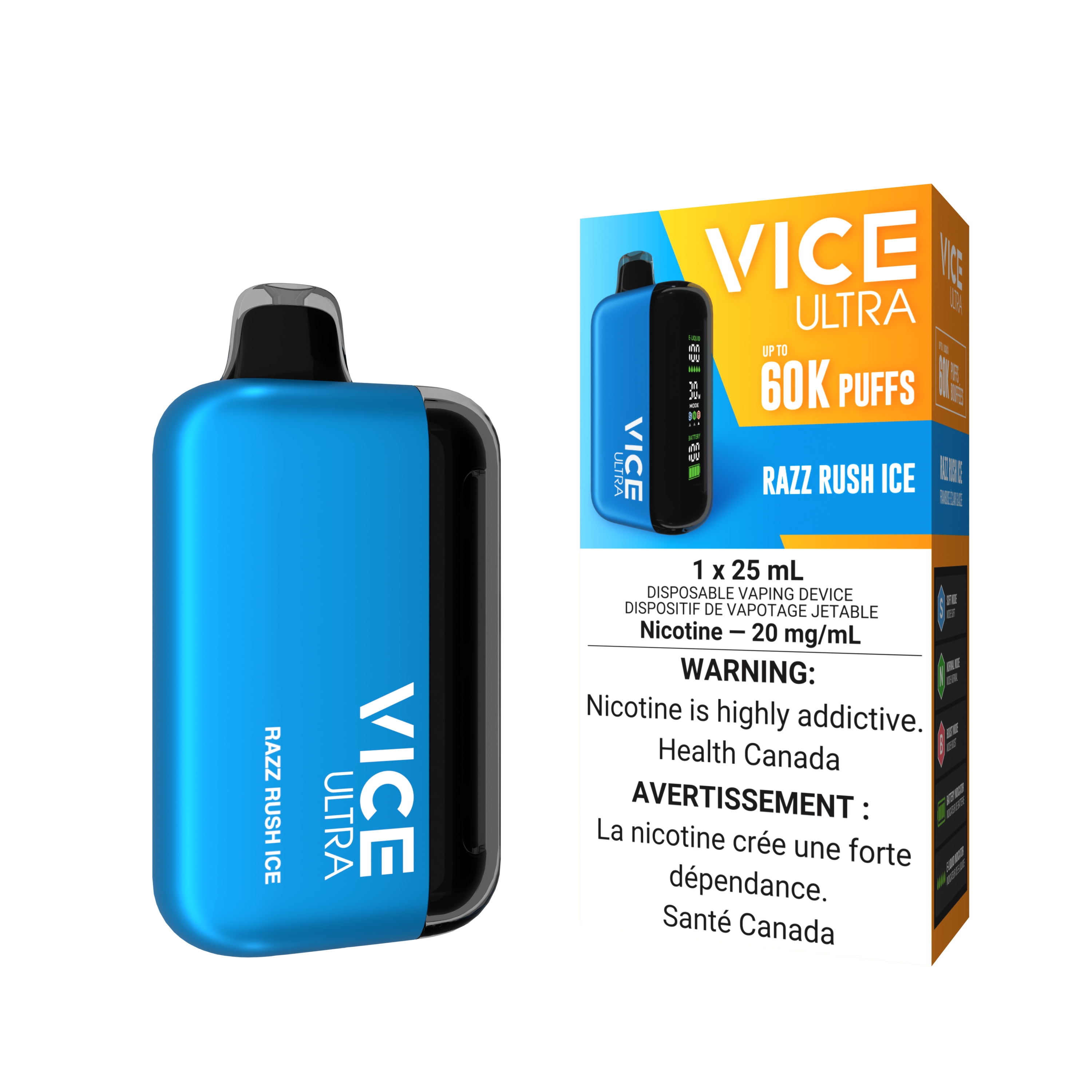 VICE ULTRA 60K RAZZ RUSH ICE disposable vape device with lemon and blue raspberry flavor.