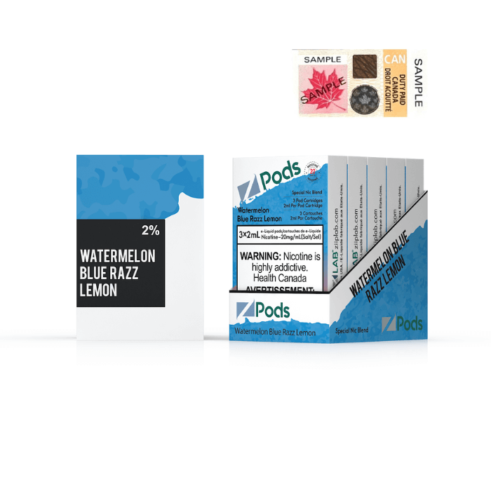 ZPODS Watermelon Blue Razz Lemon vape pods, showcasing packaging and flavor details, 2% nicotine.