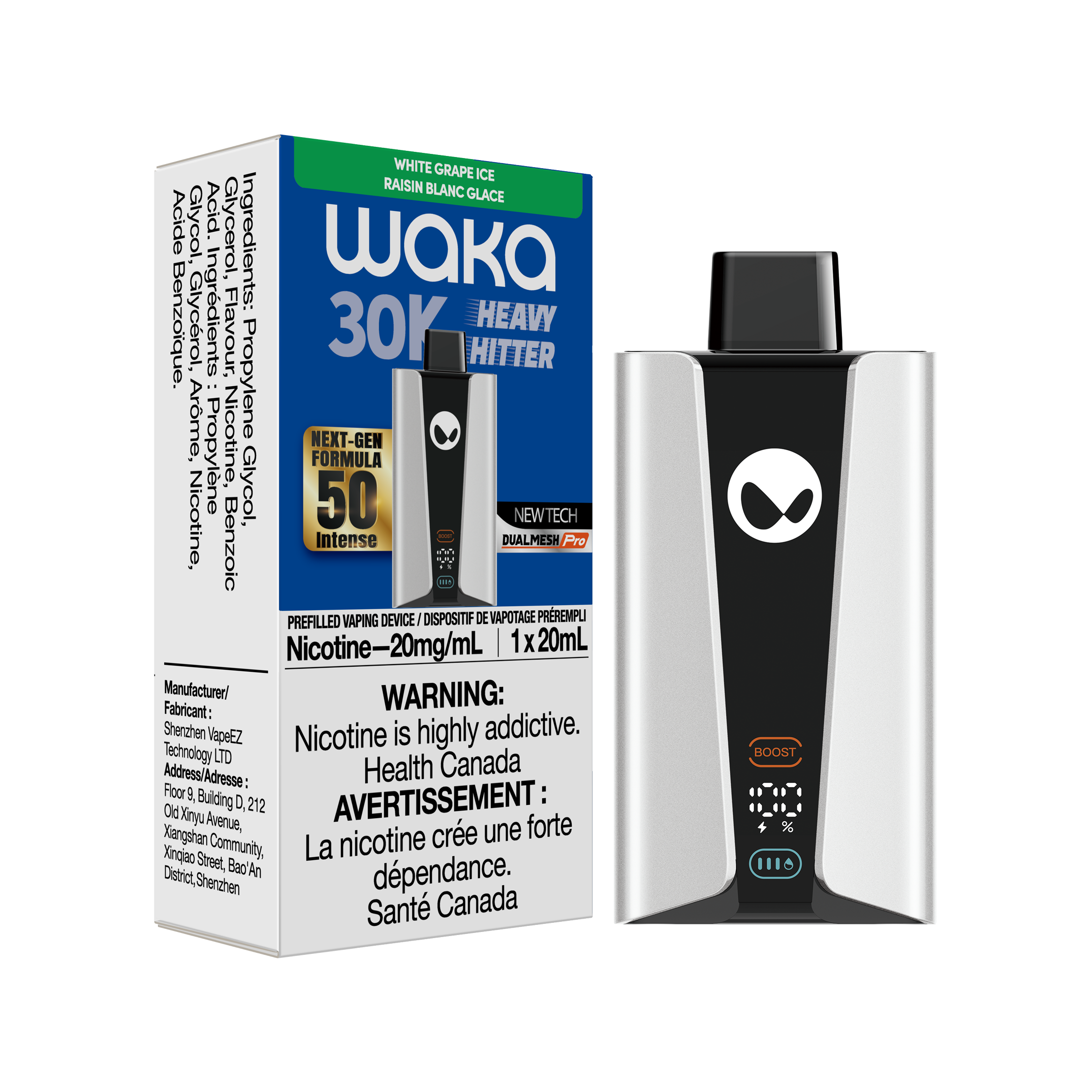 WAKA 30K White Grape Ice vaping device with box, featuring 50 nicotine strength and health warning labels.