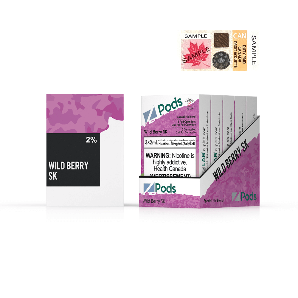 ZPODS Wild Berry Burst vape pods packaging with warning label and sample stickers.