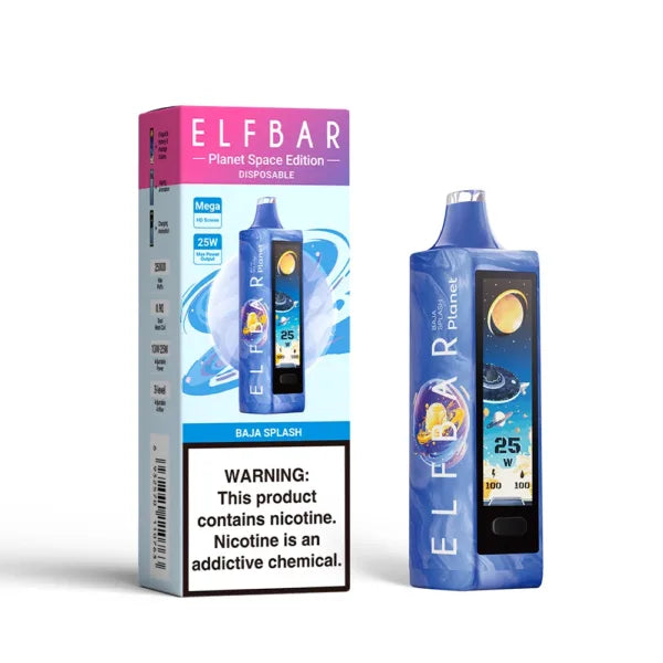 ELFBAR PLANET 25k Baja Splash disposable vape with warning label and colorful design.