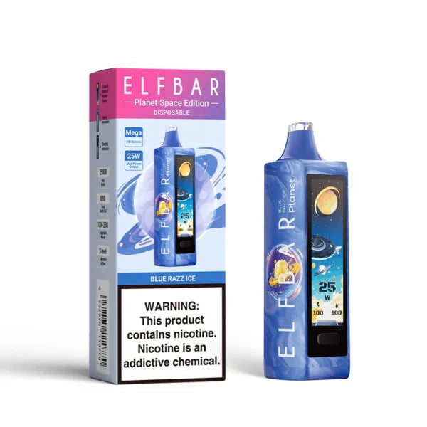 ELFBAR Planet 25k Blue Razz Ice disposable vape with colorful galaxy design and warning label.