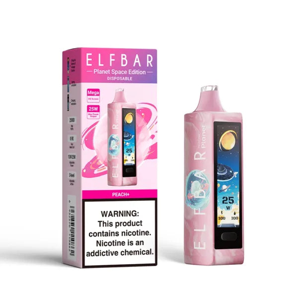 ELFBAR Planet 25k disposable vape in Peach+ flavor with promotional packaging. Contains nicotine. Enjoy a fruity experience.