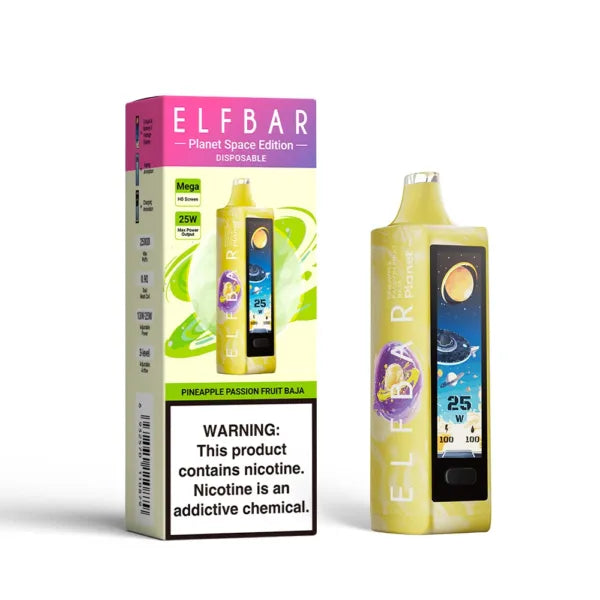 ELFBAR Planet Space Edition disposable vape, Pineapple Passion Fruit Baja flavor, with nicotine warning label.