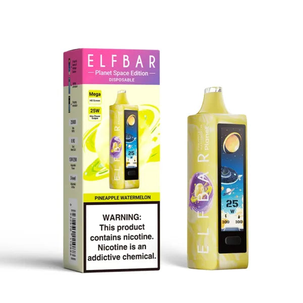 ELFBAR Planet Space Edition disposable vape, Pineapple Watermelon flavor, 25k puffs, nicotine warning.