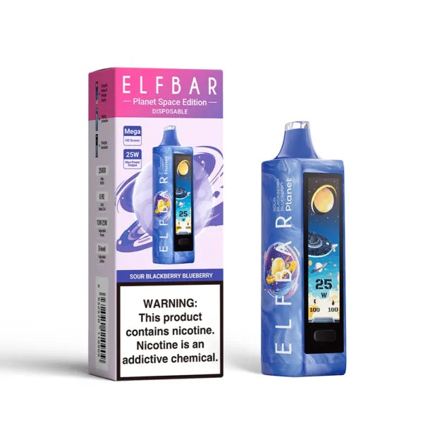 ELFBAR Planet 25k disposable vape featuring Sour Blackberry Blueberry flavor, showcasing colorful packaging and device.