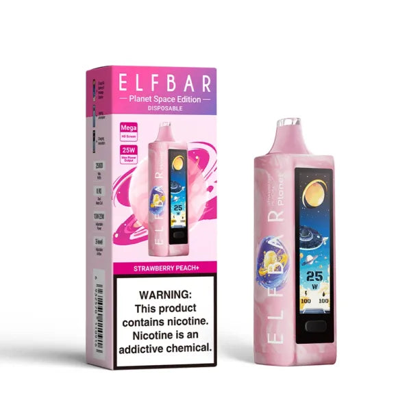 ELFBAR Planet Space Edition disposable vape in Strawberry Peach flavor, featuring a vibrant pink design and nicotine warning.