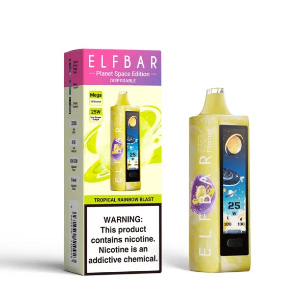 ELFBAR Planet disposable vape Tropical Rainbow Blast with nicotine warning and 25mg/ml strength.