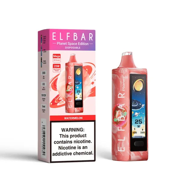 ELFBAR Planet 25k disposable vape, Watermelon Cherry flavor, featuring a colorful design and warning label.