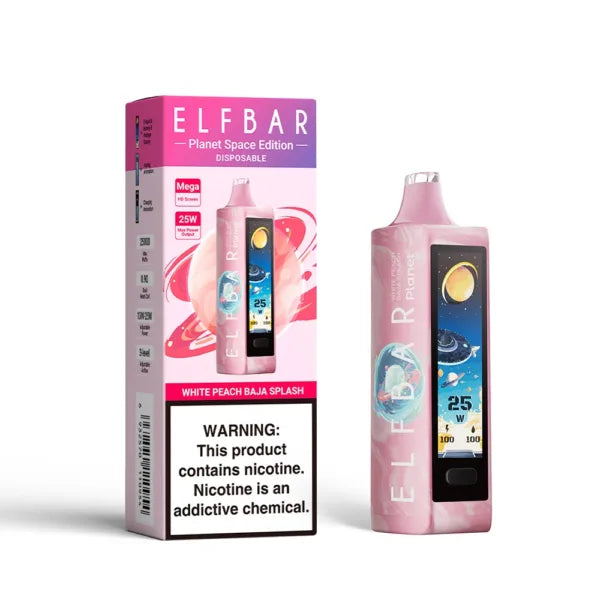 ELFBAR Planet Space Edition 25k disposable vape in White Peach Baja Splash flavor with packaging. Nicotine warning included.