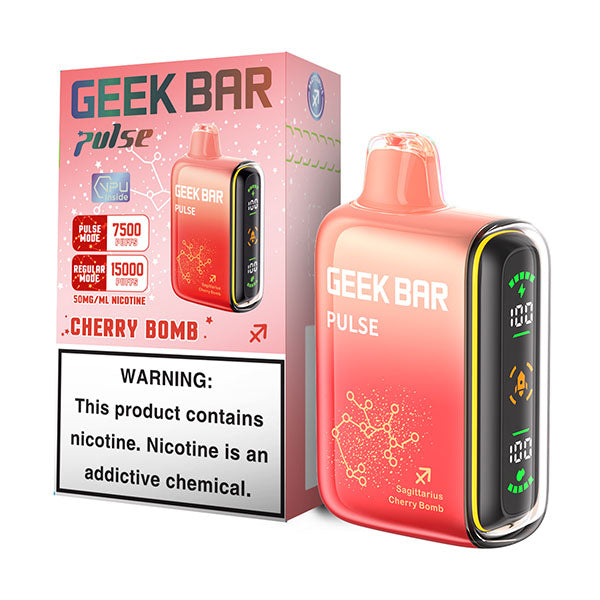 GEEK BAR PULSE 15K 50MG in Cherry Bomb flavor, featuring a vibrant design and nicotine warning label.