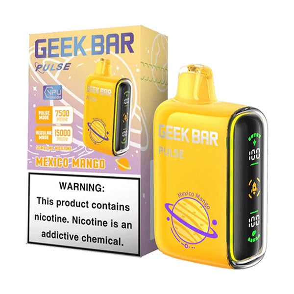 GEEK BAR PULSE 15K Mexico Mango vape device with nicotine warning, showing vibrant yellow packaging.