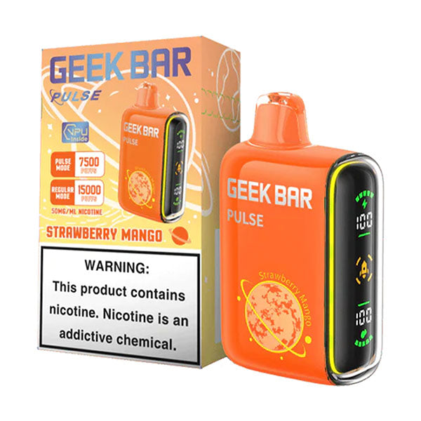 GEEK BAR PULSE 15K 50MG in Strawberry Mango flavor with warning label and pulse mode features.