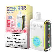 GEEK BAR PULSE 15K vape in White Gummy Ice flavor, featuring vibrant packaging and nicotine warning.