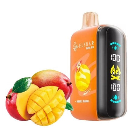 ELFBAR RAYA D3 25k e-cigarette with Double Mango flavor and fresh mangoes beside it.