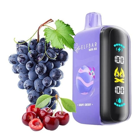 ELFBAR RAYA D3 25k 50 MG/ML vape device with grape and cherry background