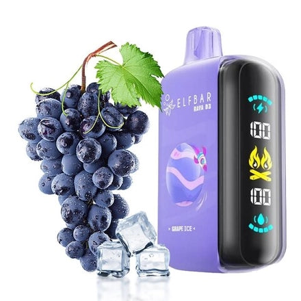 ELFBAR RAYA D3 vape flavor Grape Ice, featuring grapes and ice cubes for a refreshing vaping experience.