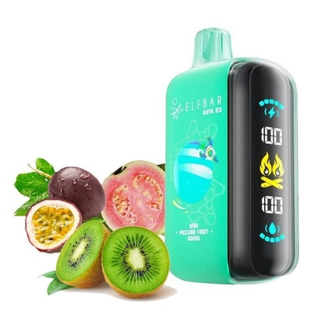 ELFBAR RAYA D3 Kiwi Passionfruit Guava vape with fresh fruits, a vibrant design, and digital display.