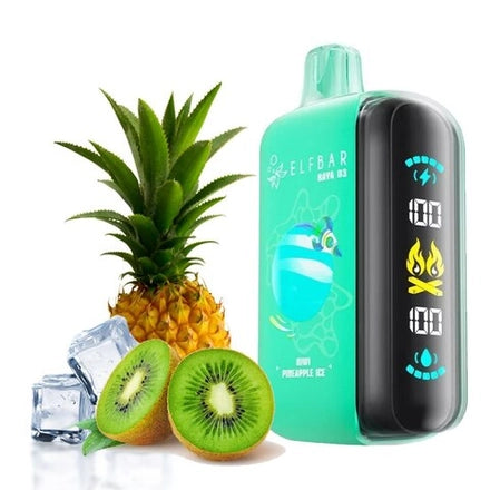 ELFBAR RAYA D3 Kiwi Pineapple Ice vape with kiwi, pineapple, and ice cubes in a vibrant setting.