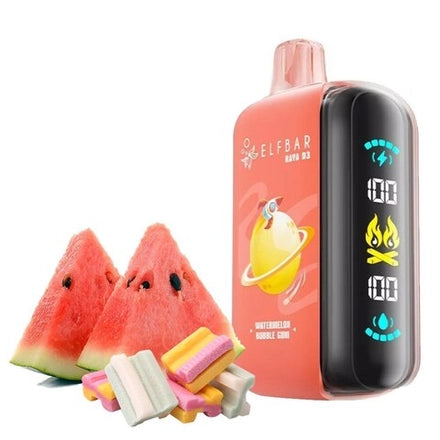 ELFBAR RAYA D3 25k in Watermelon Bubblegum flavor with slices of watermelon and bubblegum on the side.