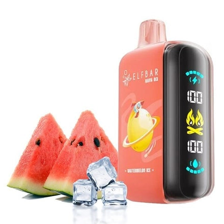 ELFBAR RAYA D3 25k 50 MG/ML in Watermelon Ice flavor with watermelon slices and ice cubes.