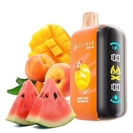 ELFBAR RAYA D3 vape with mango, peach, and watermelon flavor, featuring digital display and vibrant design.