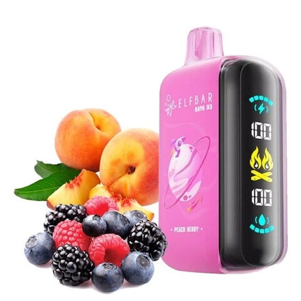 ELFBAR RAYA D3 vape in Peach Berry flavor with peach and mixed berries, offering a vibrant and fruity experience.