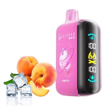 ELFBAR RAYA D3 25k Peach Ice disposable vape featuring fruity peach and icy elements.