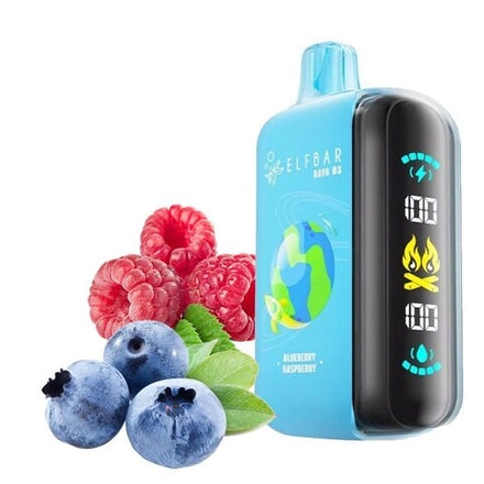 ELFBAR RAYA D3 e-cigarette in blue, featuring blueberry and raspberry fruits, highlighting a 50 MG/ML nicotine strength.