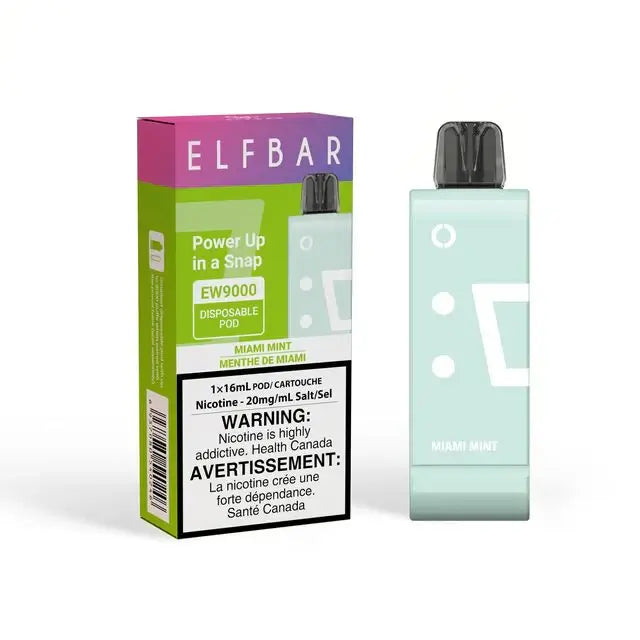 ELFBAR EW9000 Power Up Pod in Miami Mint, featuring a minty flavor and vibrant packaging.