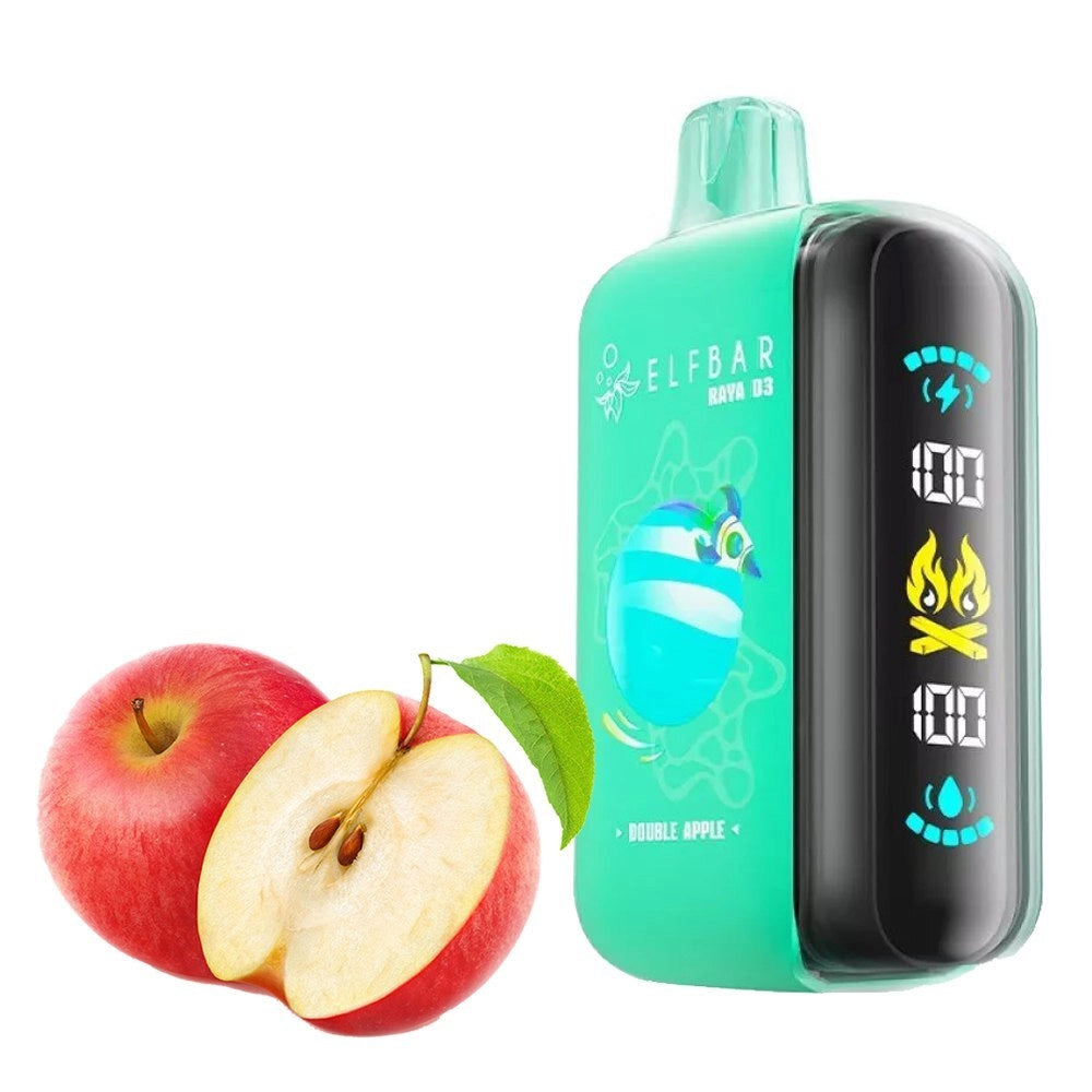 ELFBAR RAYA D3 25k 50 MG/ML in Bubble Apple flavor next to fresh red apple slices.