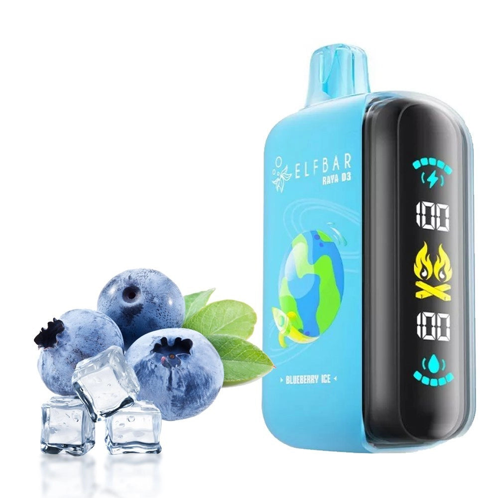 ELFBAR RAYA D3 25k 50 MG/ML vape in Blueberry Ice flavor with blueberries and ice cubes.