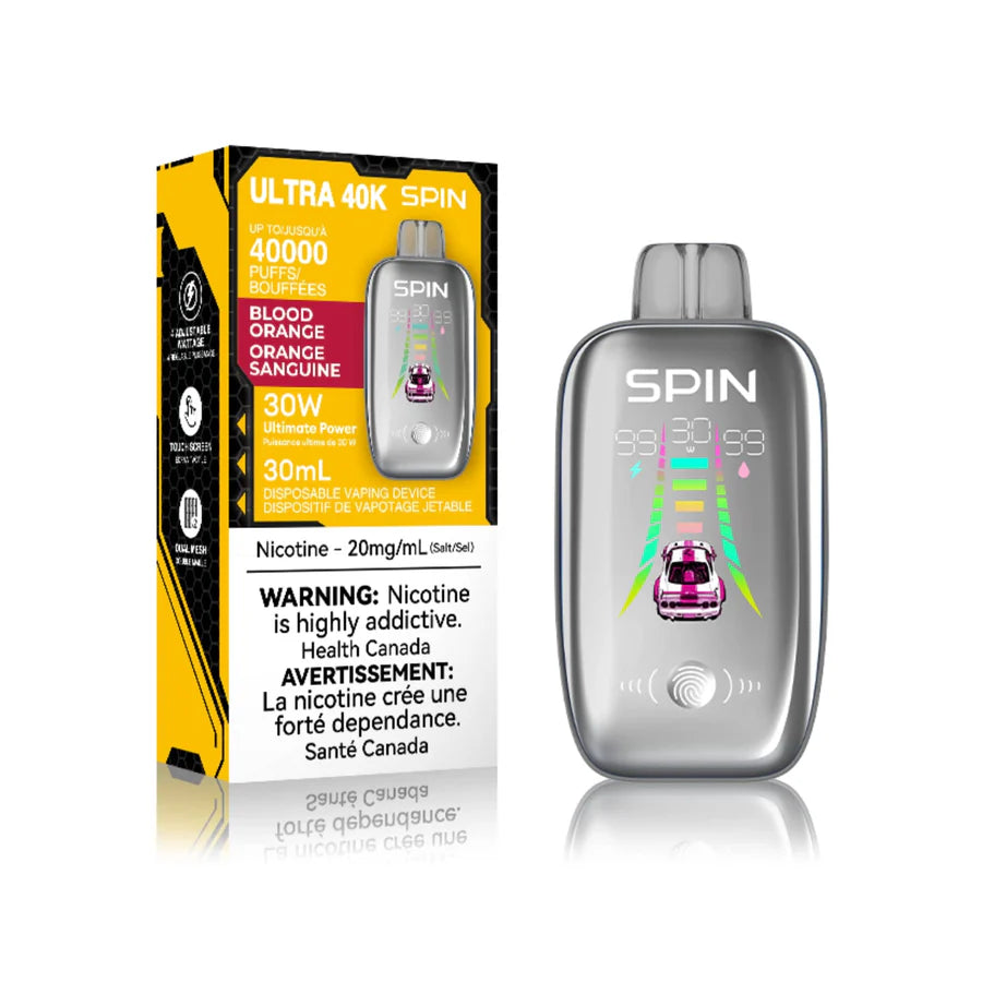 SPIN 40K Blood Orange vape device with 4000 puffs, featuring a 30mL capacity and nicotine warning.