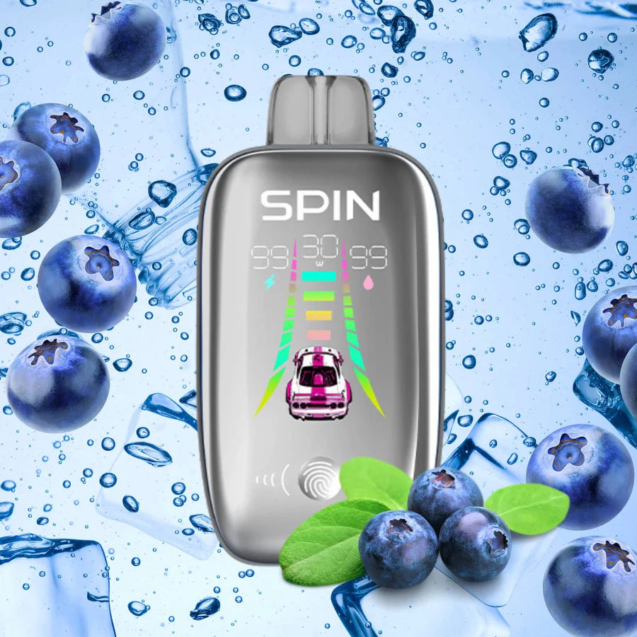 SPIN 40K Blue Razz Ice vape device surrounded by blueberries and ice crystals, featuring a colorful display.