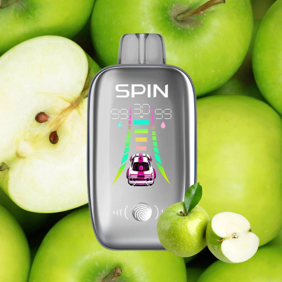 SPIN 40K in front of green apples, featuring a car graphic on its screen, symbolizing refreshing energy.