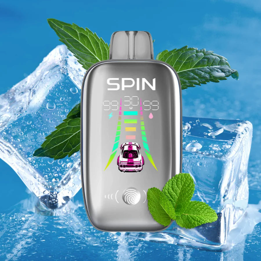 SPIN 40K Miami Mint fragrance bottle with icy background and mint leaves, sleek design for refreshing scent experience.