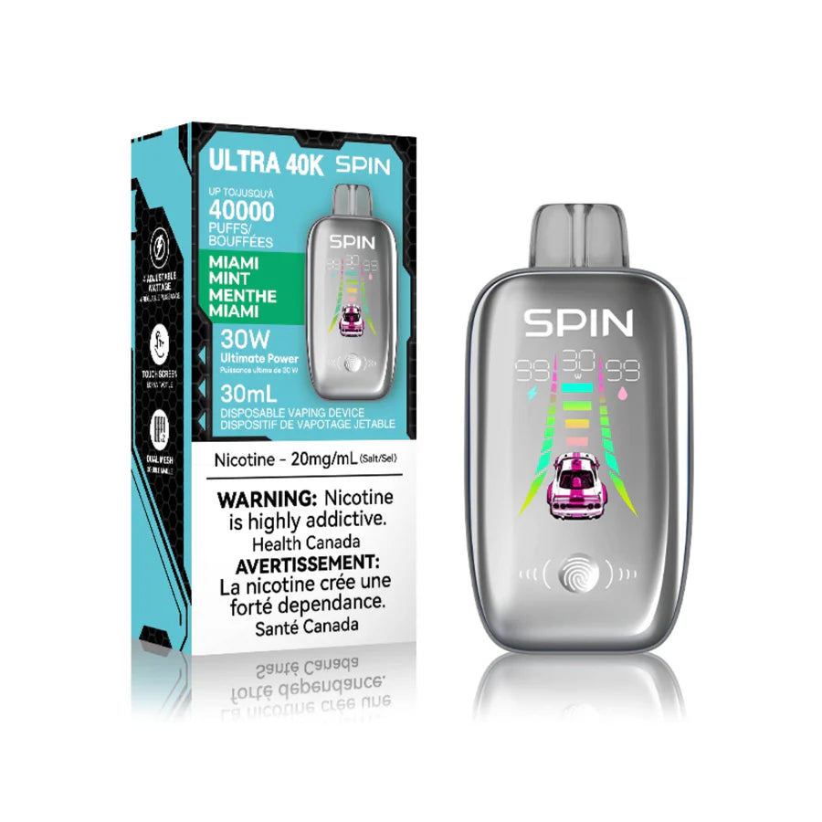 SPIN 40K Miami Mint disposable vape with 40000 puffs, 30ml, and 20mg nicotine, perfect for vaping enthusiasts.