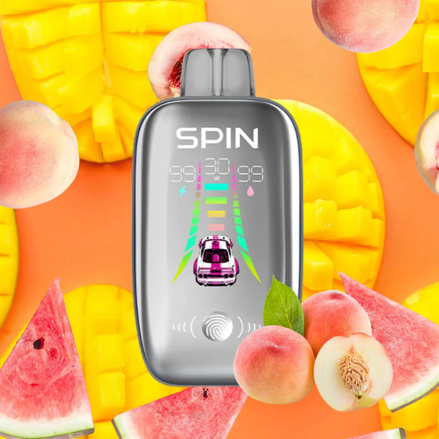 SPIN 40K vape featuring peach, mango, and watermelon flavors, with a colorful fruit background.