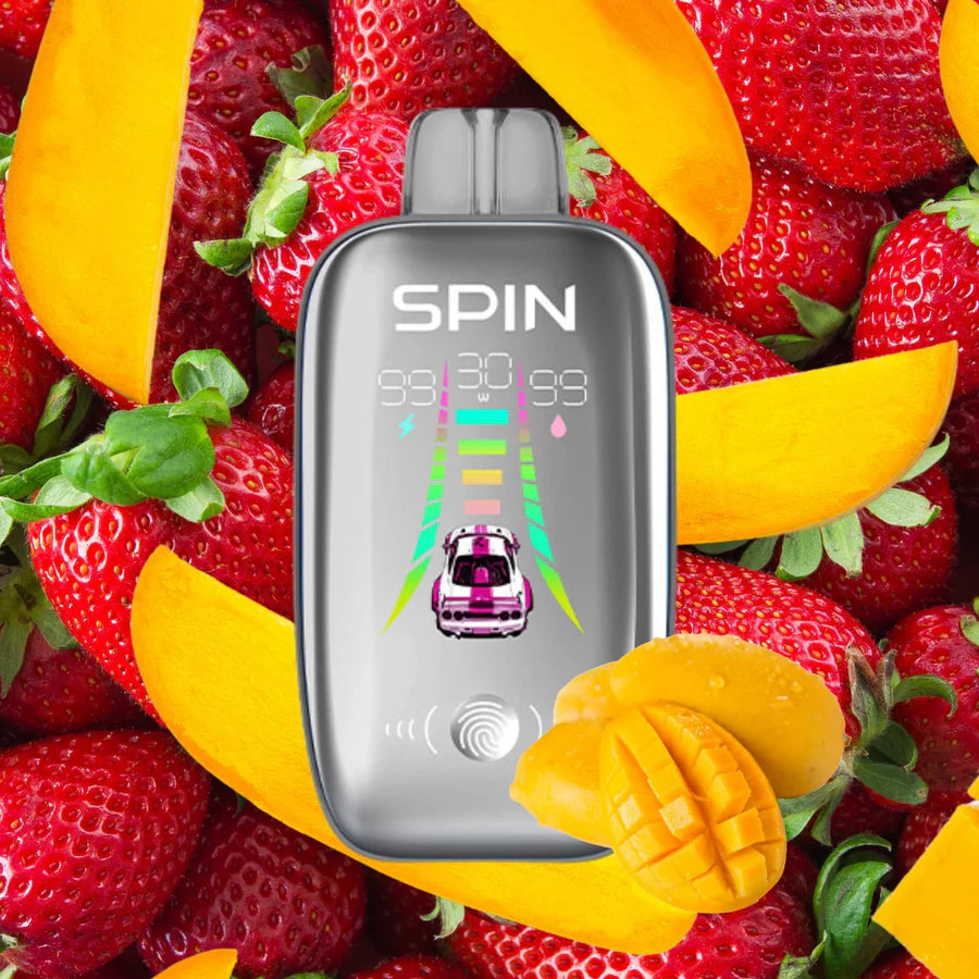 SPIN 40K device on a vibrant background of strawberries and mangoes, featuring a racing game display.