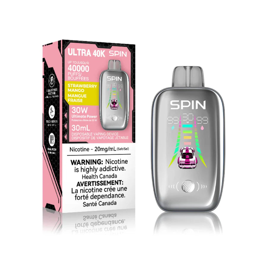 SPIN 40K Strawberry Mango disposable vape device packaging and product with warning labels.