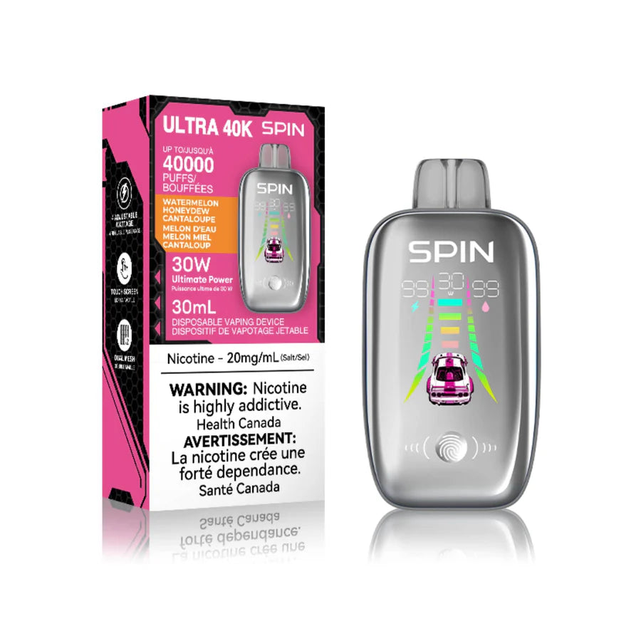 SPIN 40K disposable vape featuring watermelon, honeydew, and cantaloupe flavor with 40000 puffs and 20mg nicotine.