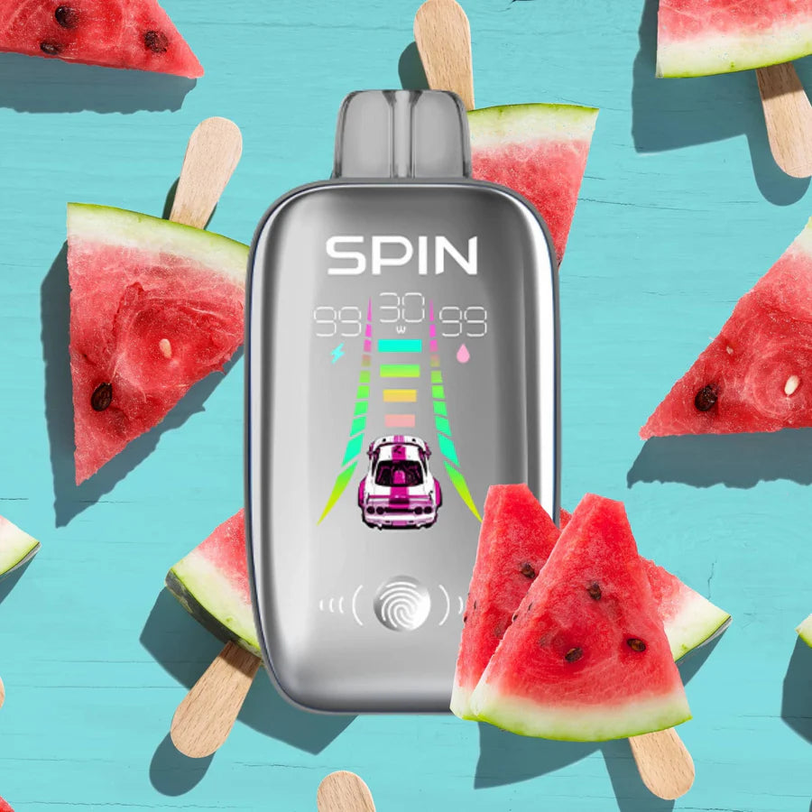 SPIN 40K Watermelon Ice vape product surrounded by fresh watermelon slices and ice pops on a vibrant blue background.