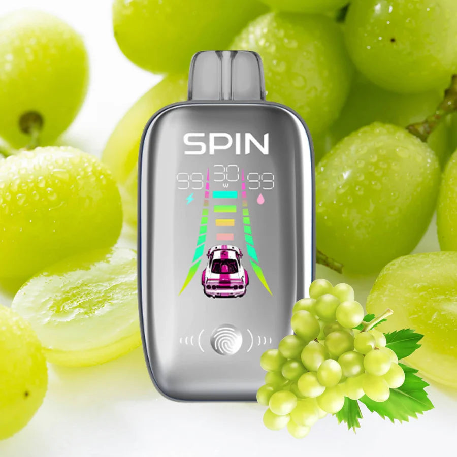 SPIN 40K - White Grape, featuring a sleek design with green grapes in the background and vibrant game graphics.