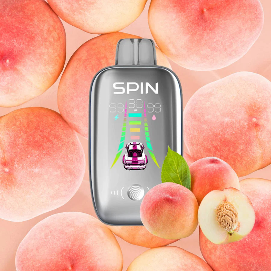 SPIN 40K White Peach with a sleek design, surrounded by fresh white peaches and a playful racing game display.