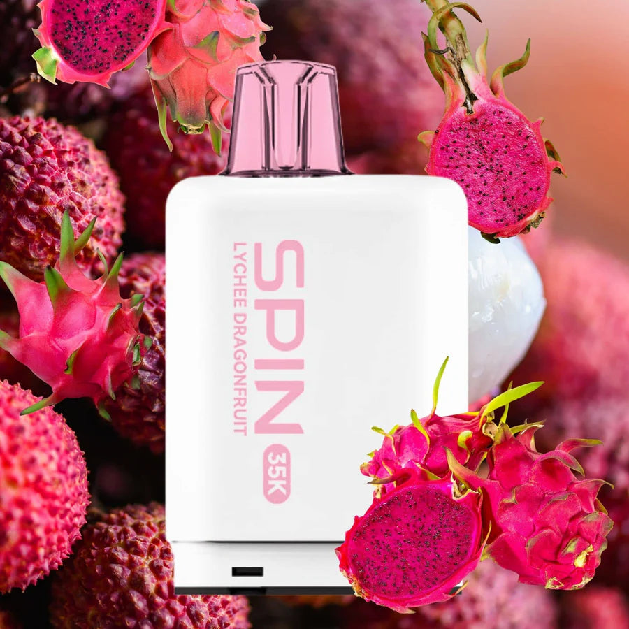 SPIN FIZZ X 35K Lychee Dragonfruit with fresh lychee and dragonfruit background, vibrant and colorful design.